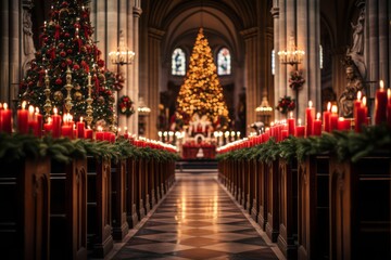 Fototapeta na wymiar Beautifully decorated church interior with candlelit pews, emphasizing the spiritual aspect of Christmas celebrations. Generative Ai