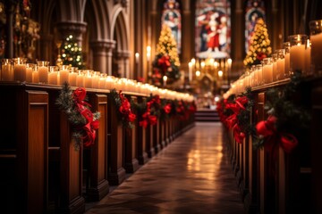 Beautifully decorated church interior with candlelit pews, emphasizing the spiritual aspect of Christmas celebrations. Generative Ai