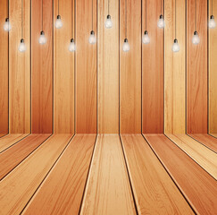 Twinkle lights illustration. Wood wall with bulb lights lamp. Vector illustration.