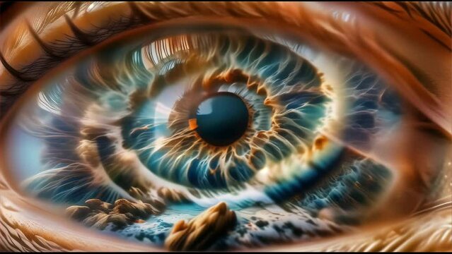 an eye, where azure and gold waves crash against a rocky shoreline within the iris, yet the eye's natural texture and form are preserved