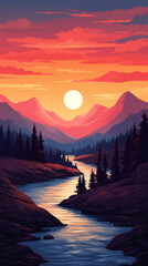 A painting of a sunset over a river