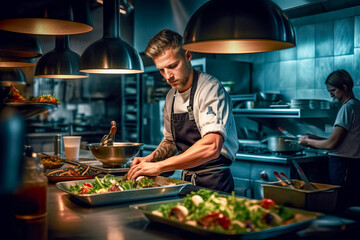 Man Preparing Delicious Gourmet Cuisine in Modern Kitchen