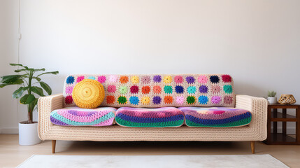 Fototapeta na wymiar Close up of cozy crochet blanket lying on sofa, cute textile knitted accessories for comfy home. 