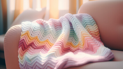 Close up of cozy crochet blanket lying on sofa, cute textile knitted accessories for comfy home.