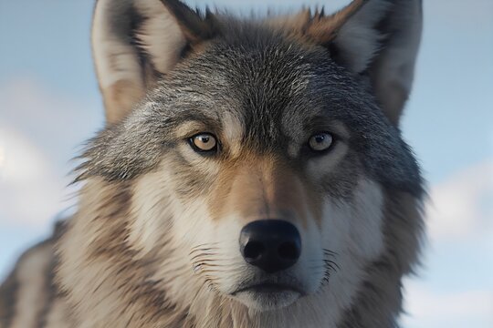 Portrait of a wolf in the snow. Close-up. Generative AI.