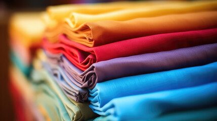 Large assortment of different fabrics for sewing. Store fabrics for sewing clothes, wallpaper for handmade store.