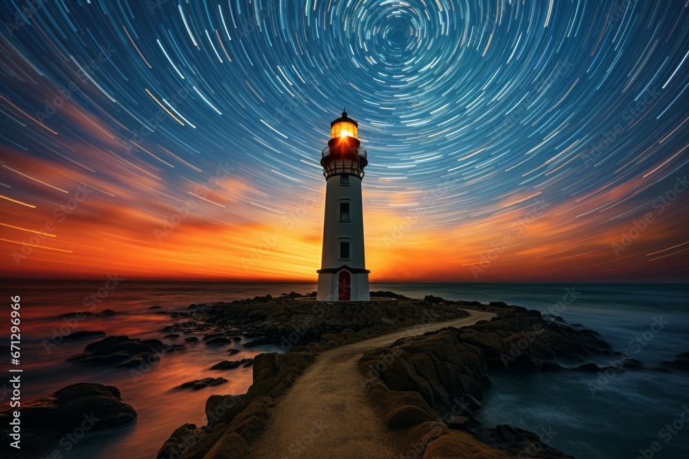 Wall mural lighthouse on the seashore. background with selective focus and copy space