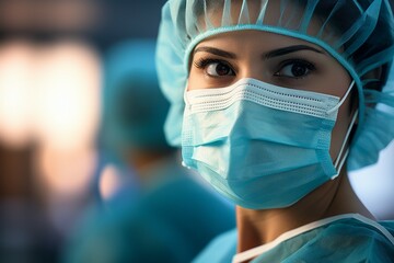 Female surgeon in a medical mask during an operation. Top professions concept. Portrait with selective focus