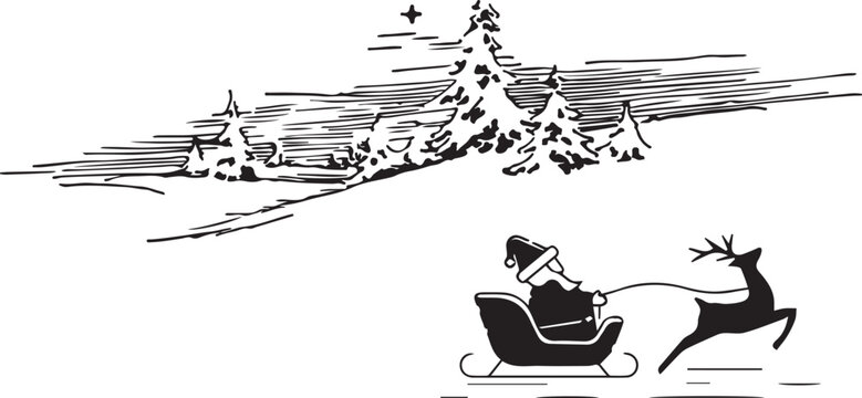 illustration of Santa Claus in his sleigh with reindeer and forest background with Christmas trees