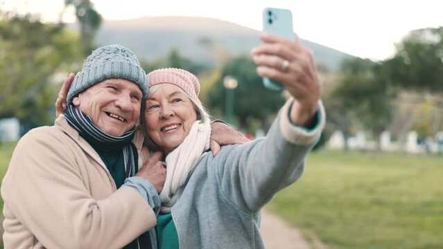 Park, selfie and senior couple with smile outdoors for wellness, bonding and relax on weekend. Retirement, marriage and elderly man and woman take profile picture for social media, memory and post