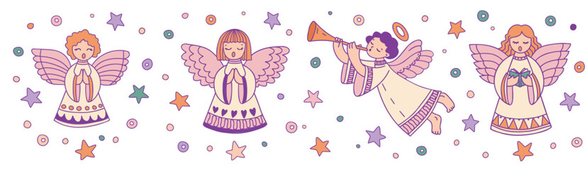 Set of four angels singing and playing trumpet. Joyful Christmas holiday background with cute angels. Hand drawn color illustration. Vector - obrazy, fototapety, plakaty