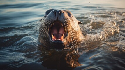 Seals are opening their mouths to catch fish in the sea, seals and the sea - obrazy, fototapety, plakaty