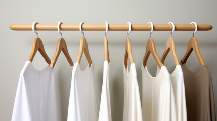 A row of clothes hanging on a wooden rail