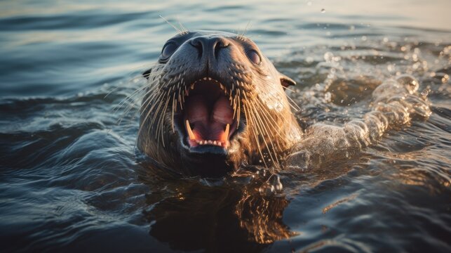 Seals are opening their mouths to catch fish in the sea, seals and the sea