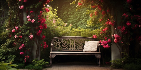 Fototapeta na wymiar A bench in a garden with a garden bench and roses on it, Beautiful garden with blooming rose bushes in summer