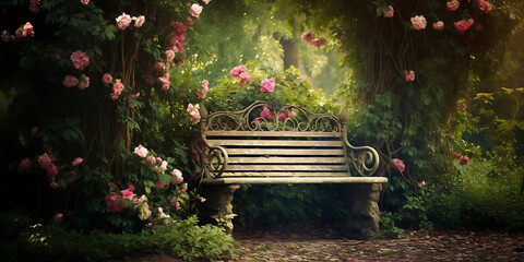 Garden bench under the tree with blooming roses in the park, There is a bench in the middle of a garden with roses  - obrazy, fototapety, plakaty