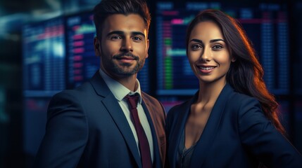 Business man and woman smiling happily with stock market background, businessman in uniform