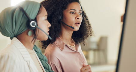 Call center women, computer and together for coaching with error, glitch and thinking for problem solving. CRM teamwork, ideas and solution for customer service, telemarketing or tech support at job - obrazy, fototapety, plakaty