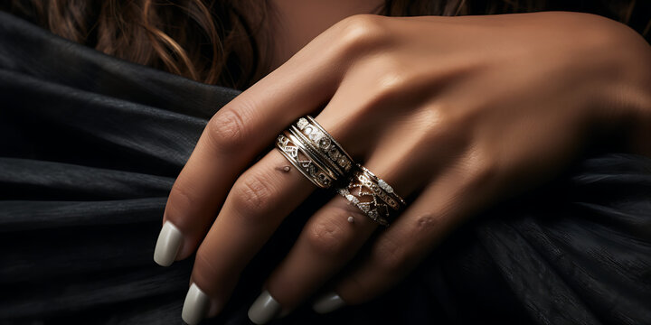 Exquisite rings in the fingers of a beautiful young lady and white nail polish, Sophisticated ring gracing the hand of a gorgeous girl