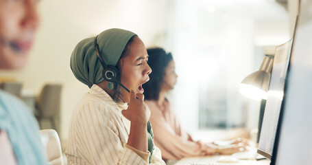 Call center woman, yawn and fatigue at computer, office or tired with team, customer service pr telemarketing. Islamic crm, burnout and overtime for tech support, help desk or consulting in workplace
