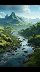Panoramic view of lying mountain with river UHD wallpaper