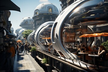 A futuristic street with futuristic homes and landscaped garden, futuristic architecture