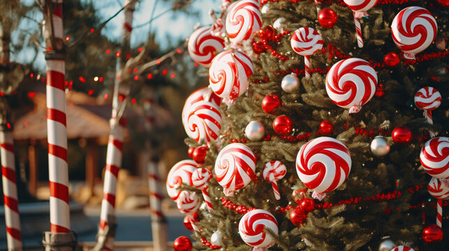 Christmas tree decorated with candy ornaments. Christmas, winter, new year concept.