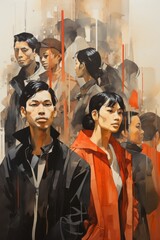A retro style illustration of China and Chinese people with warm orange tones. Generative AI. 