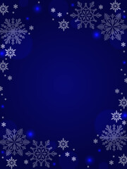雪のイラストフレーム、ダークブルーの背景、冬とクリスマスのイメージ