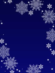 Fototapeta na wymiar 雪のイラストフレーム、ダークブルーの背景、冬とクリスマスのイメージ