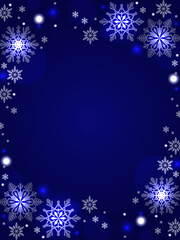 Fototapeta na wymiar 雪のイラストフレーム、ダークブルーの背景、冬とクリスマスのイメージ