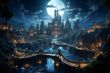 Castle, bridge and river under the full moon. Princess Castle on the cliff.