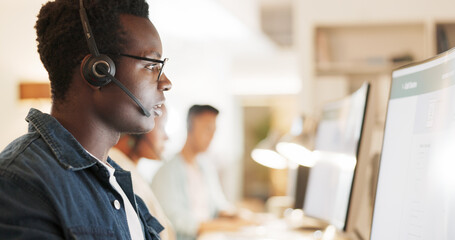 Call center, consulting and computer with black man in office for contact us, communication and...