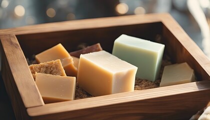 homemade soap from wooden box full of natural solid  soaps - obrazy, fototapety, plakaty