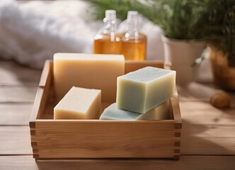 homemade soap from wooden box full of natural solid  soaps