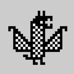 Pixel art monochrome cute dragon with wings isolated on grey background. For celebrating chinese new year 2024, home textile, bedding, wallpaper, apparel fabric, package. Vector illustration