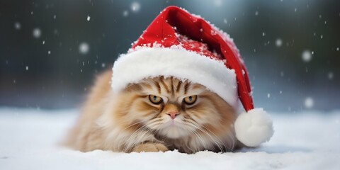 Snowy Mischief: Cat in Santa's Red Hat Amidst White Snow. Generative ai - obrazy, fototapety, plakaty