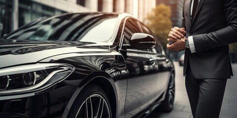 Elegance on Wheels: Suited Professional Driver by Luxury Car. Generative ai