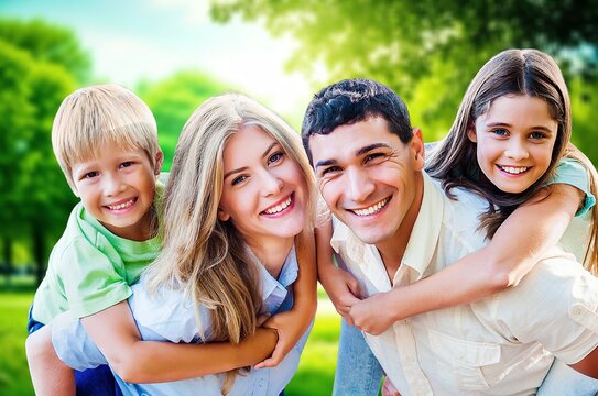 Happy family with children running on nature background, AI generated image