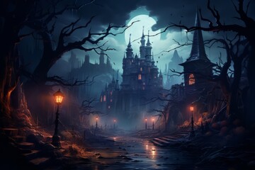 Fototapeta na wymiar Halloween background haunted mansion spooky atmosphere
