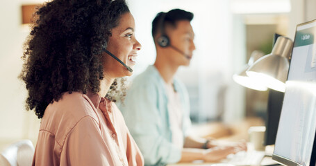 Telemarketing, black woman and smile of contact us worker on a consultation at call center with computer. Consultant, employee and discussion of office and agency work with customer support on web