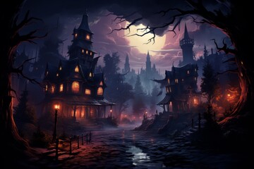Fototapeta na wymiar Halloween Ghost Castle Forest 3D illustration