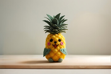 cute felt pineapple mascot with happy face and rosy cheeks - obrazy, fototapety, plakaty