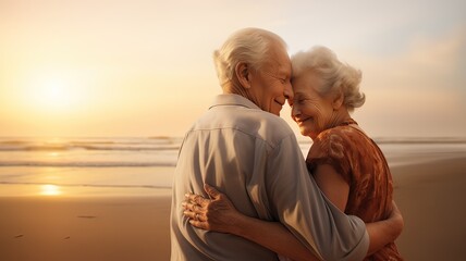 Elderly couple man and woman hugging affectionately by the sea
