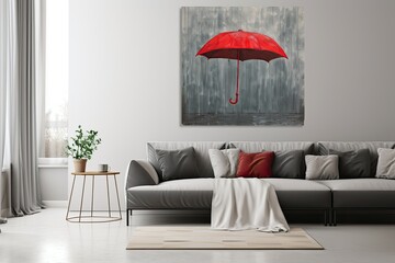 A serene living room showcases a neutral color palette with a plush grey sofa adorned with contrasting cushions. A captivating painting of a vibrant red umbrella becomes the focal point, mock up.