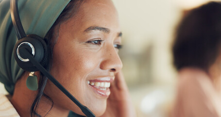 Telemarketing, black woman and smile closeup of contact us worker on a consultation at call center. Consultant, employee and office work with crm agency communication and customer support on web