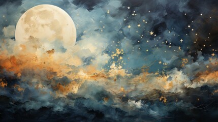 Naklejka na ściany i meble An abstract illustrated background with the moon and night sky and flowers. Generative AI. 