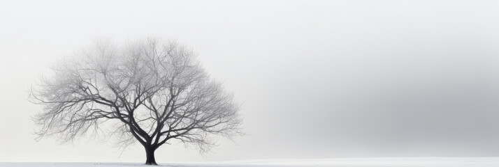 Lone tree on white sky background, minimalist landscape in winter. Peaceful nature banner with copy space. Concept of snow, art, beauty, minimalism, travel, tranquil, environment