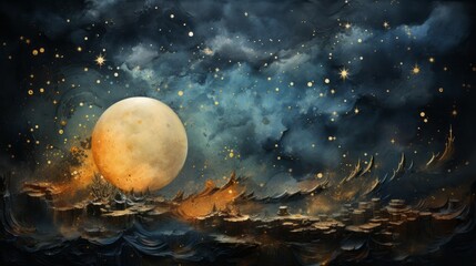 An abstract illustrated background with the moon and night sky and flowers. Generative AI. 