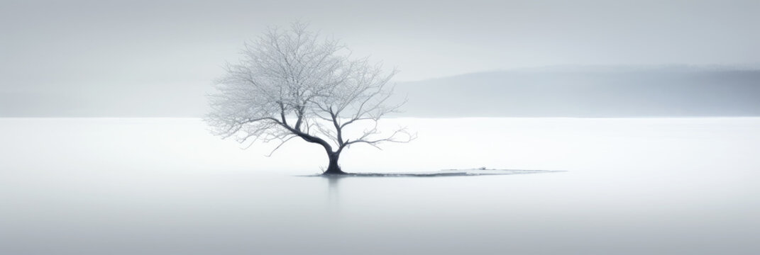 Lone tree on frozen lake background, minimalist landscape in winter. Peaceful nature in white. Concept of snow, art, beauty, minimalism, travel, tranquil, environment